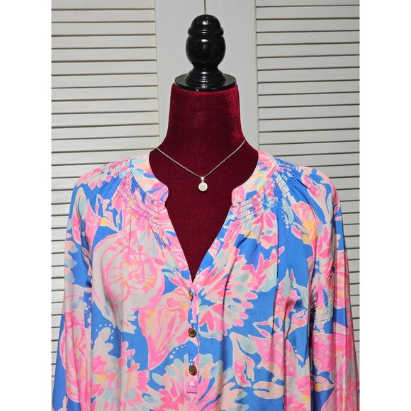 Lilly Pulitzer Women's Pink Blue ELSA 100% Silk SEASHELLS CRABS Blouse Sz L 2895 - Picture 3 of 10